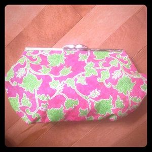 NWT handmade pink& green patterned clutch w/silv…